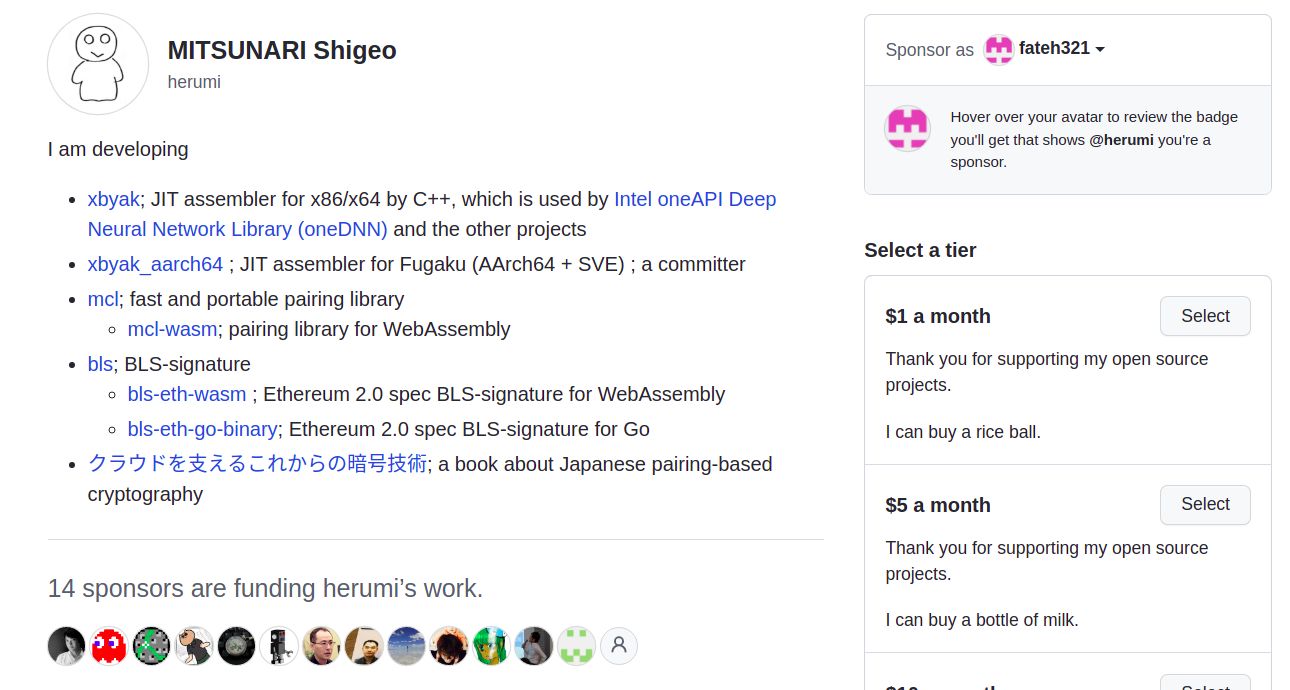 MITSUNARI Shigeo's GitHub Sponsors page, listing xbyak, mcl, and bls libraries, with sponsor tiers of $1 and $5 a month.