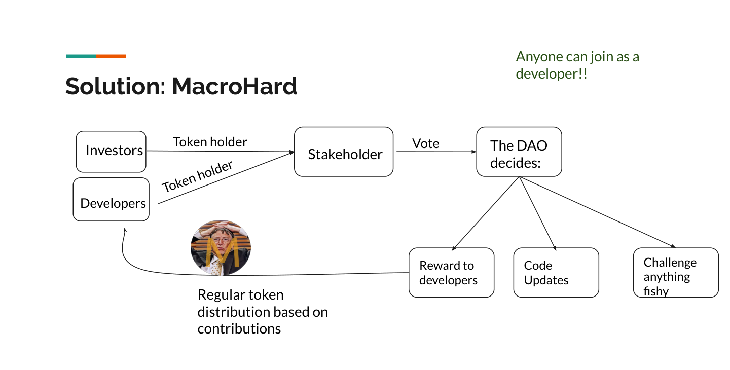 Diagram of MacroHard stakeholders: investors and developers hold tokens, stakeholders vote, and the DAO decides on rewards, code updates, and challenges.